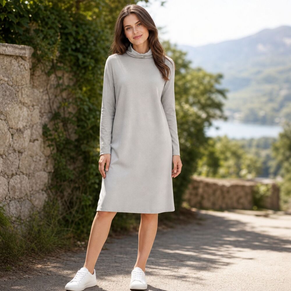 EILEEN FISHER Gray Funnel‑Neck French Terry Dress – Tencel Cotton Blend, Size M